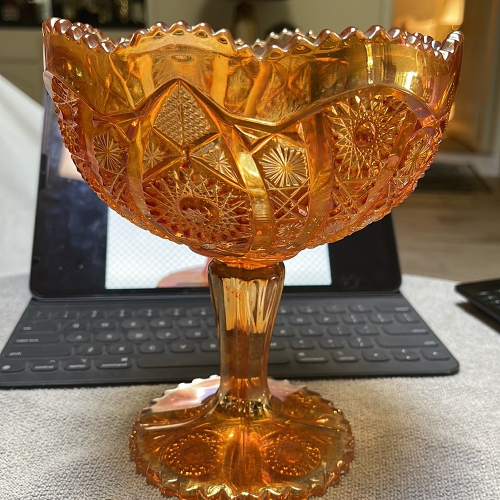 Imperial Carnival Glass Compote: Iridescent Marigold; Daisy & Button Pattern